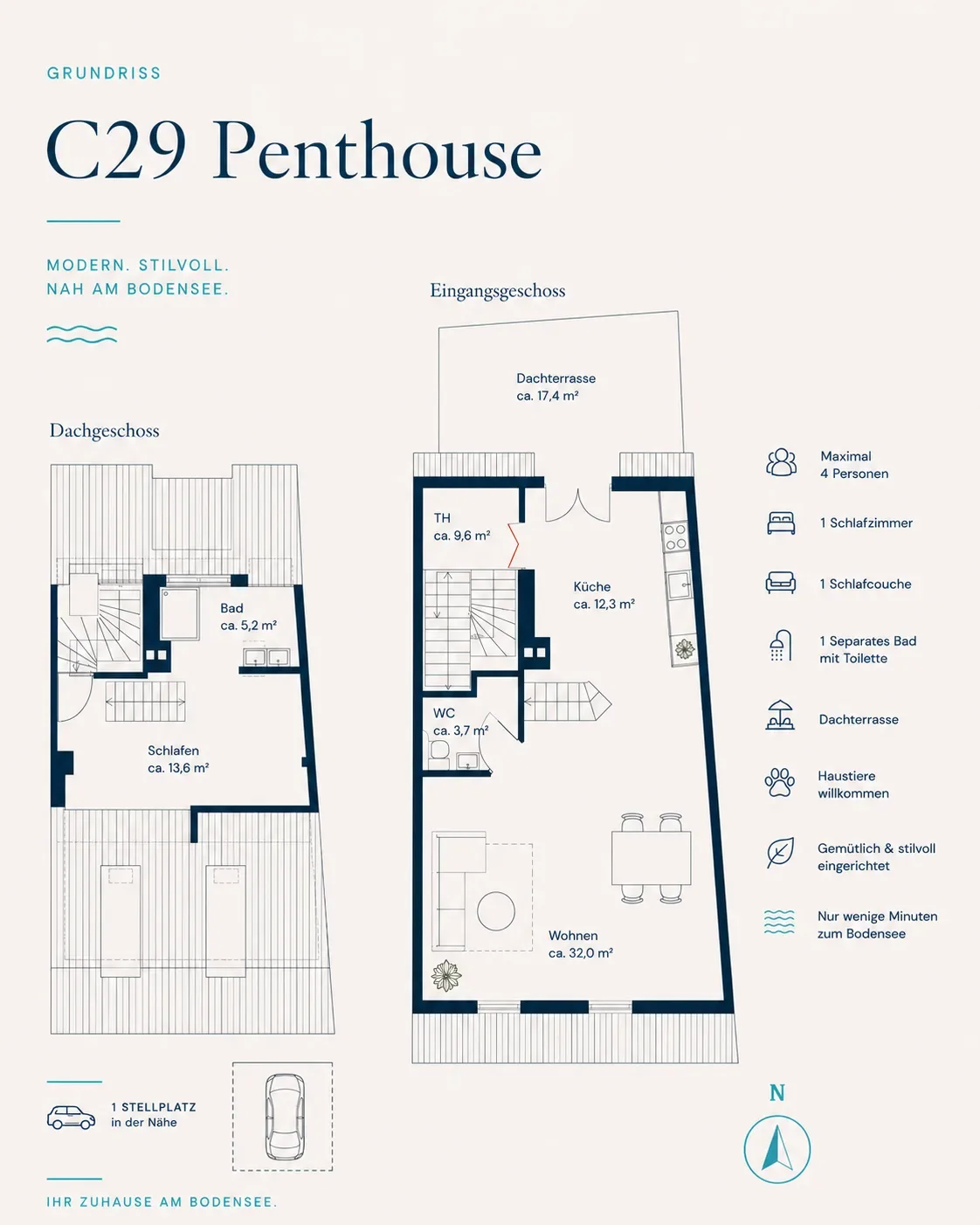 Grundriss des C29 Penthouse mit Dachgeschoss und Eingangsgeschoss, Möbeln, Flächenangaben und Ausstattungssymbolen
